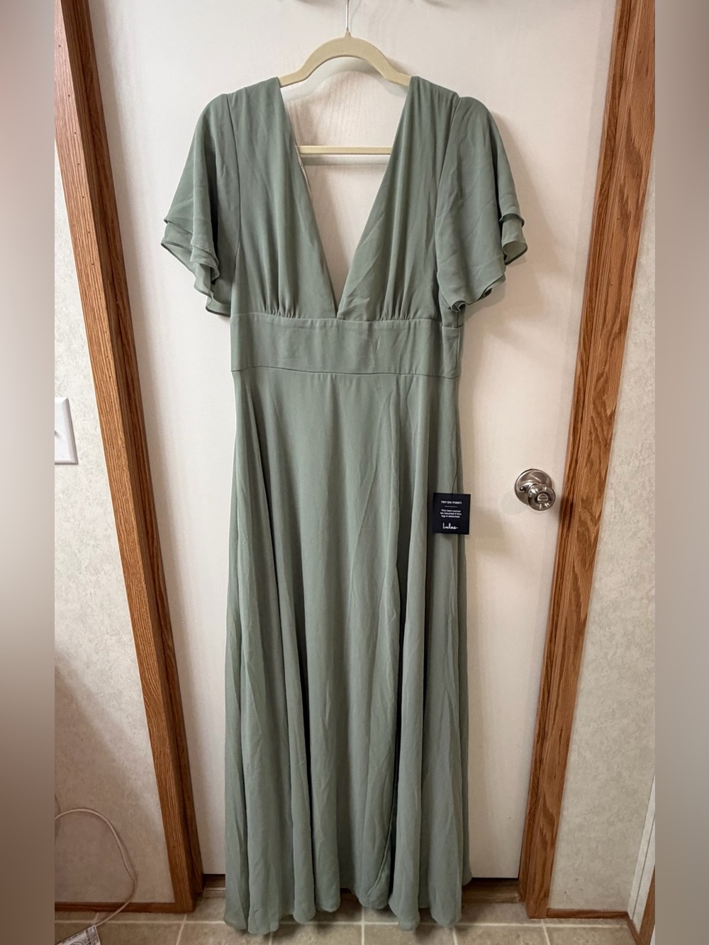Lulu's Sage Green V-Neck Flutter Sleeve Maxi Dress